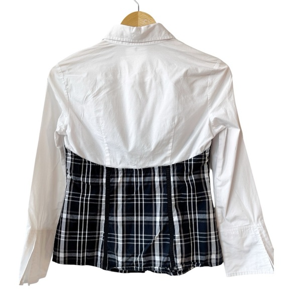 SOLD Vintage Black Plaid Corset White Collared Shirt - Picture 2 of 11